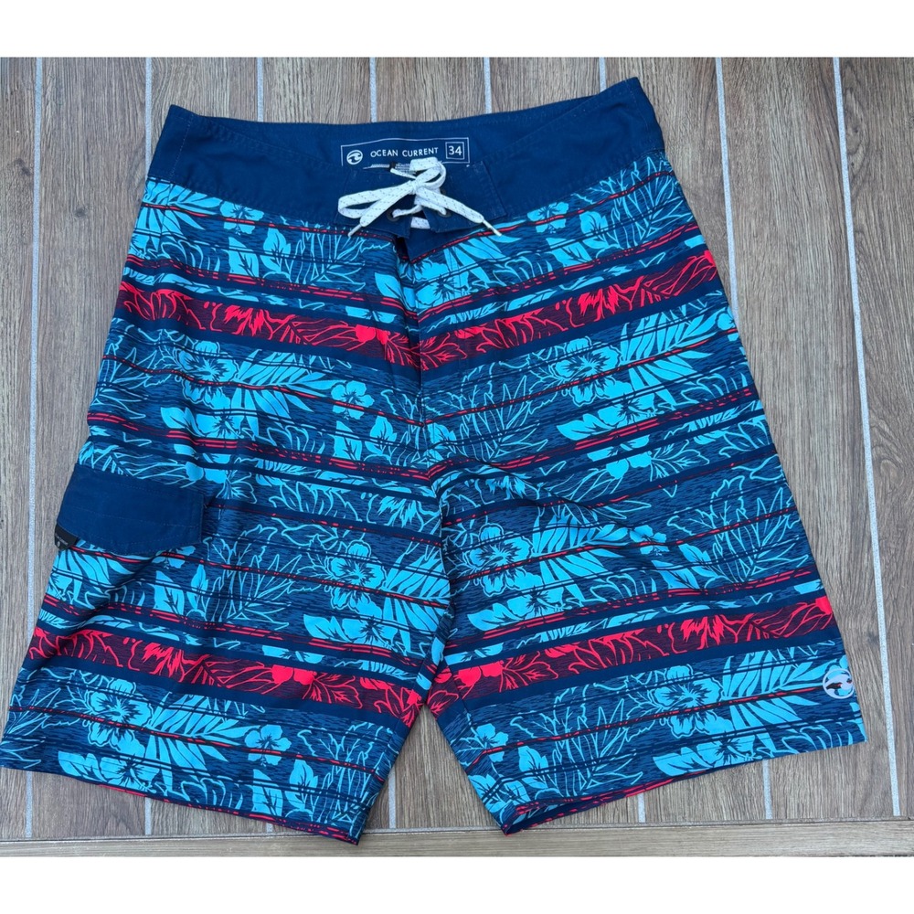 Ocean Current‎ Mens 34 Board Shorts Blue Red Floral Stripe Stretch Swim Trunks
